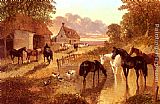 Famous Stream Paintings - The Evening Hour - Horses And Cattle By A Stream At Sunset
